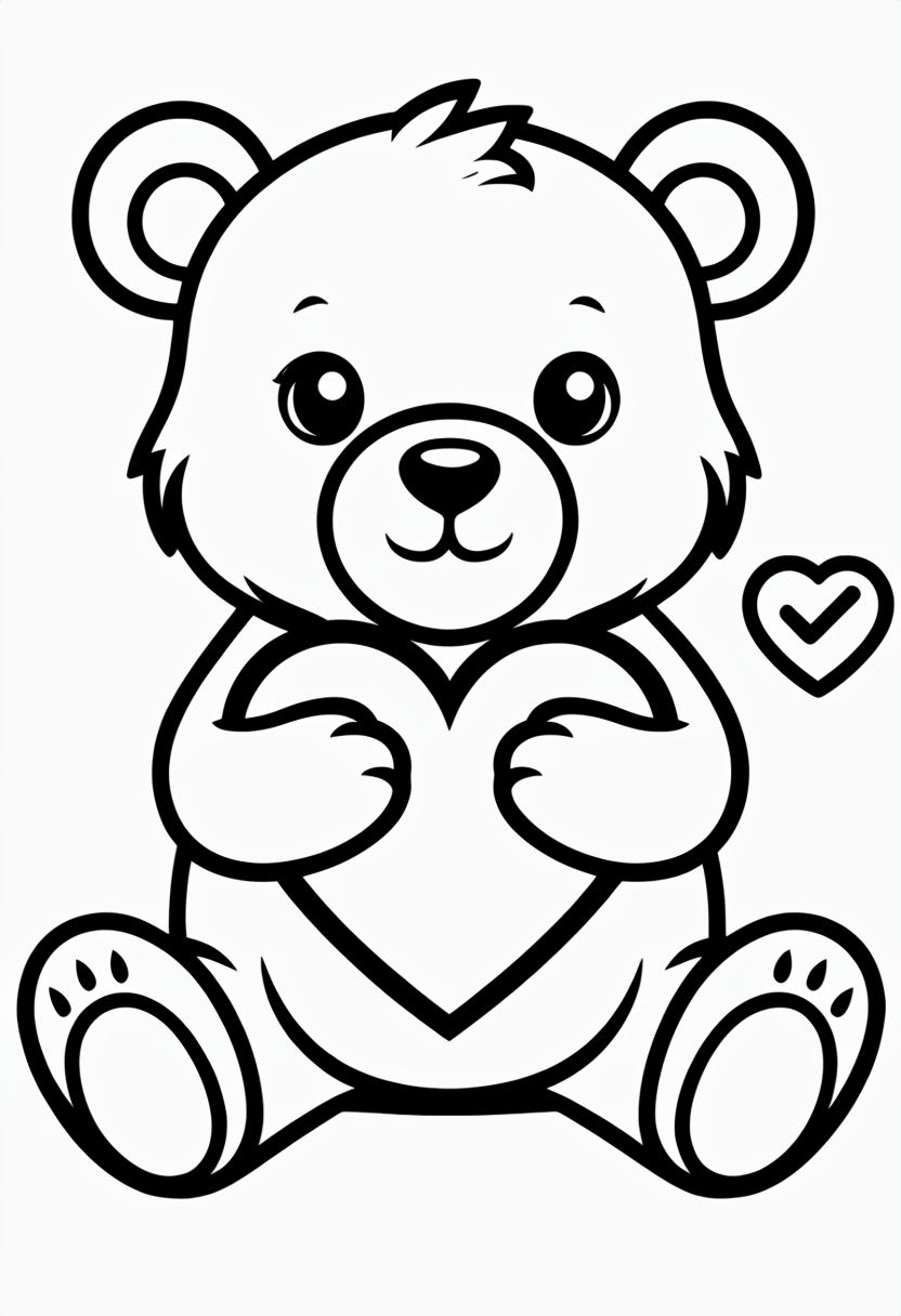 Cute Cartoon Bear Holding Heart Illustration for Coloring Book Pages