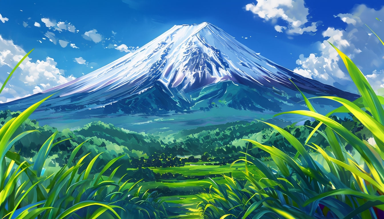 Serene Anime Style Mount Fuji Landscape Virtual Background
