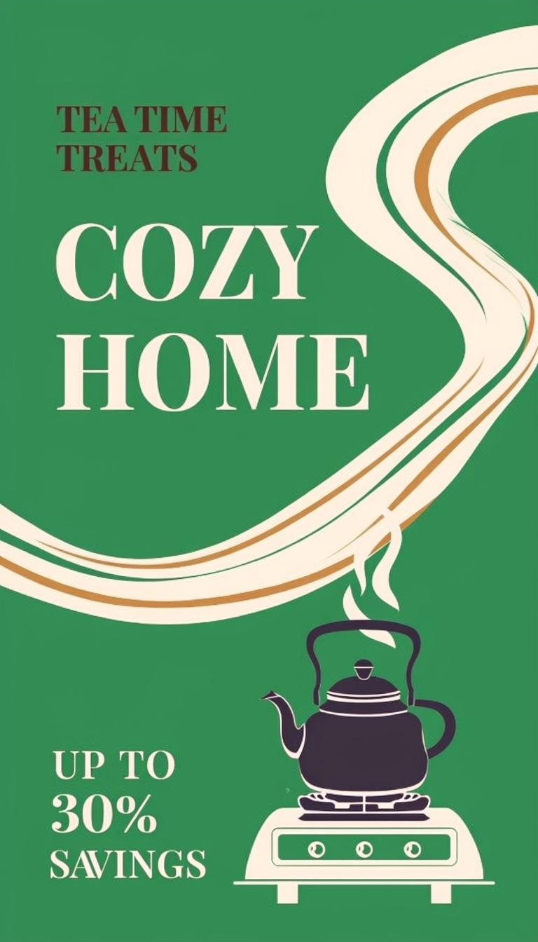 Cozy Home Tea Time Treats Advertisement with Modern Kettle Design Ads