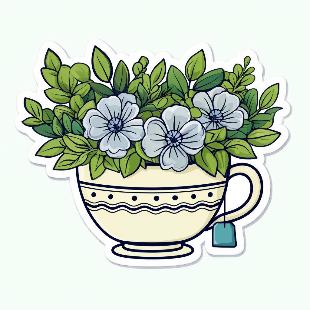 Cream Ceramic Teacup Filled with Flowers and Foliage Sticker