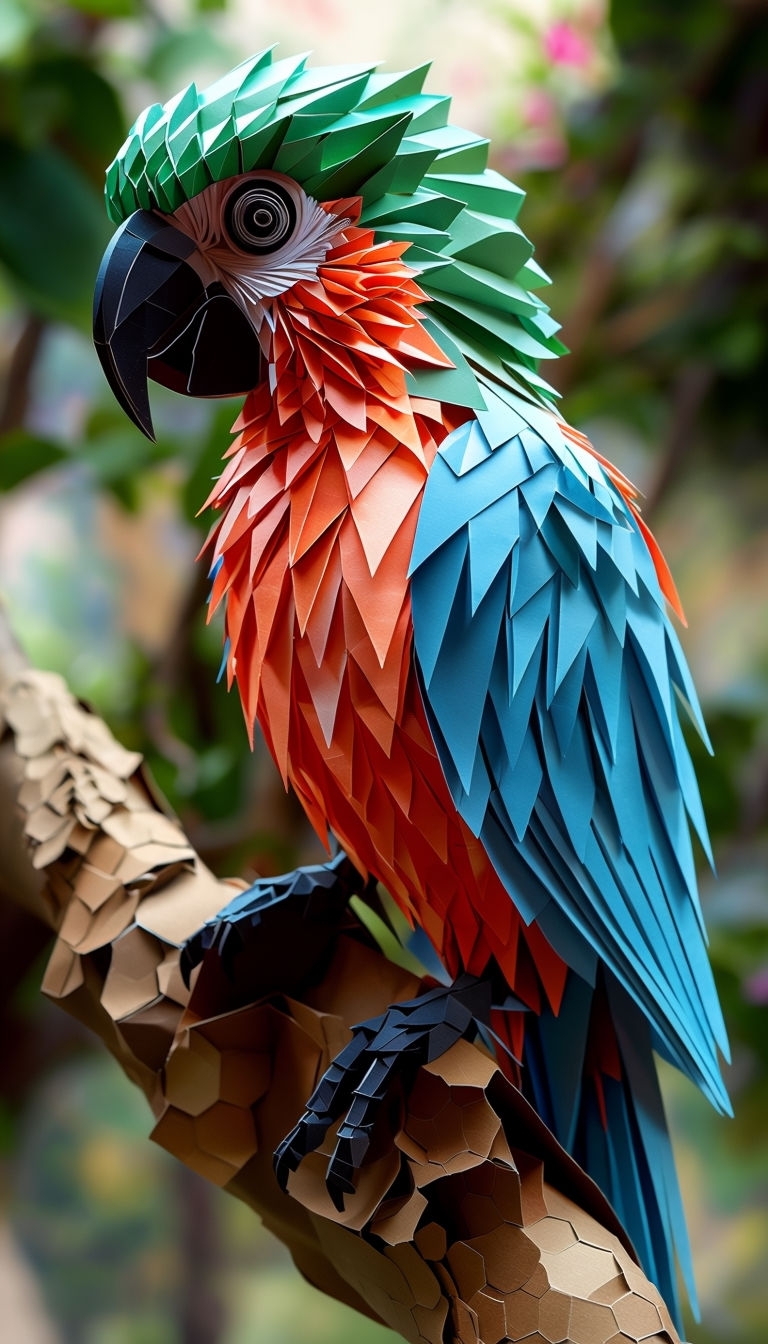 Vibrant Origami Parrot Paper Sculpture on Intricately Folded Branch Art