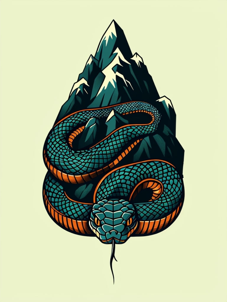 Intricate Tattoo Art Illustration of Coiled Snake and Mountain Poster