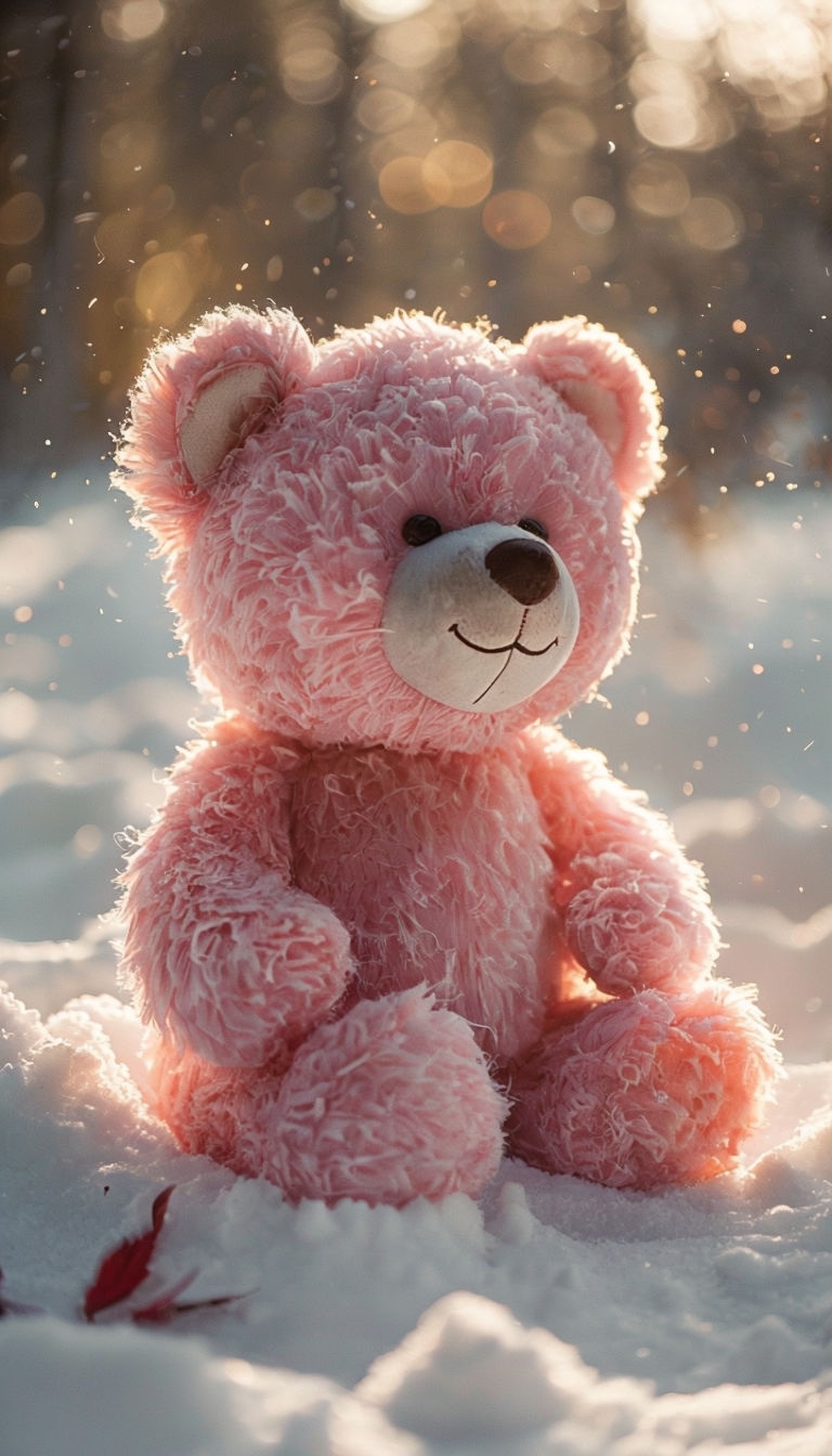 Pink Teddy Bear in Snowy Winter Wonderland Mobile Wallpaper