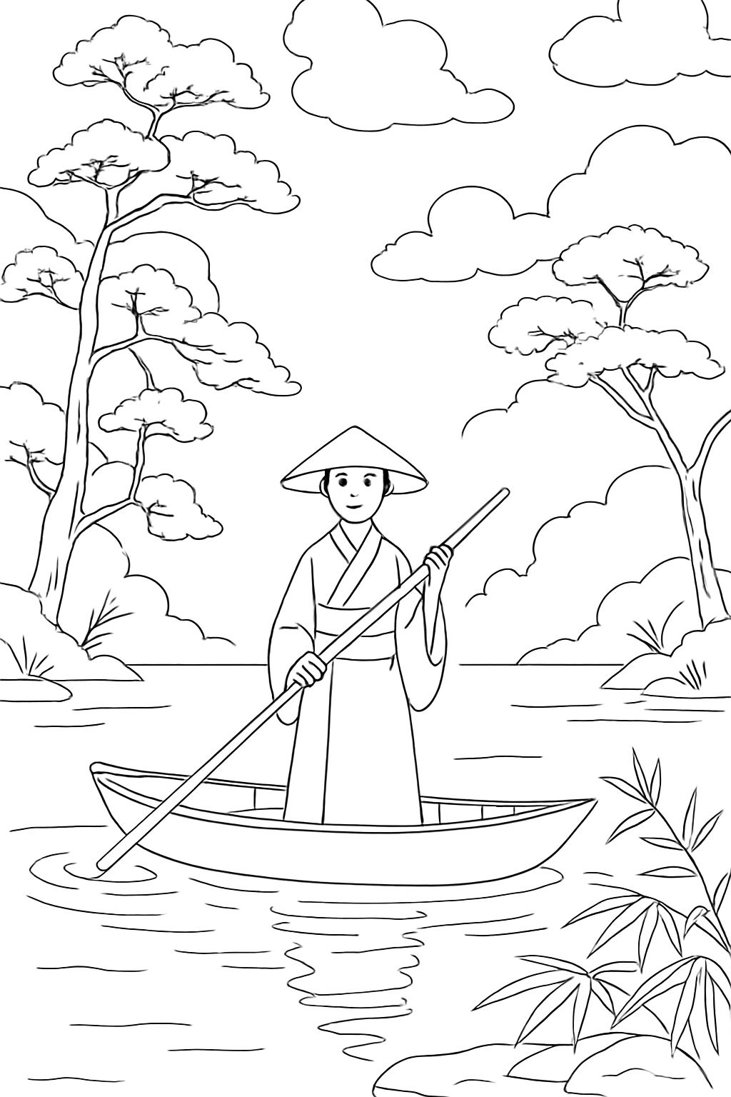 Serene Japanese Landscape with Boat and Bamboo Plants Coloring Book Page