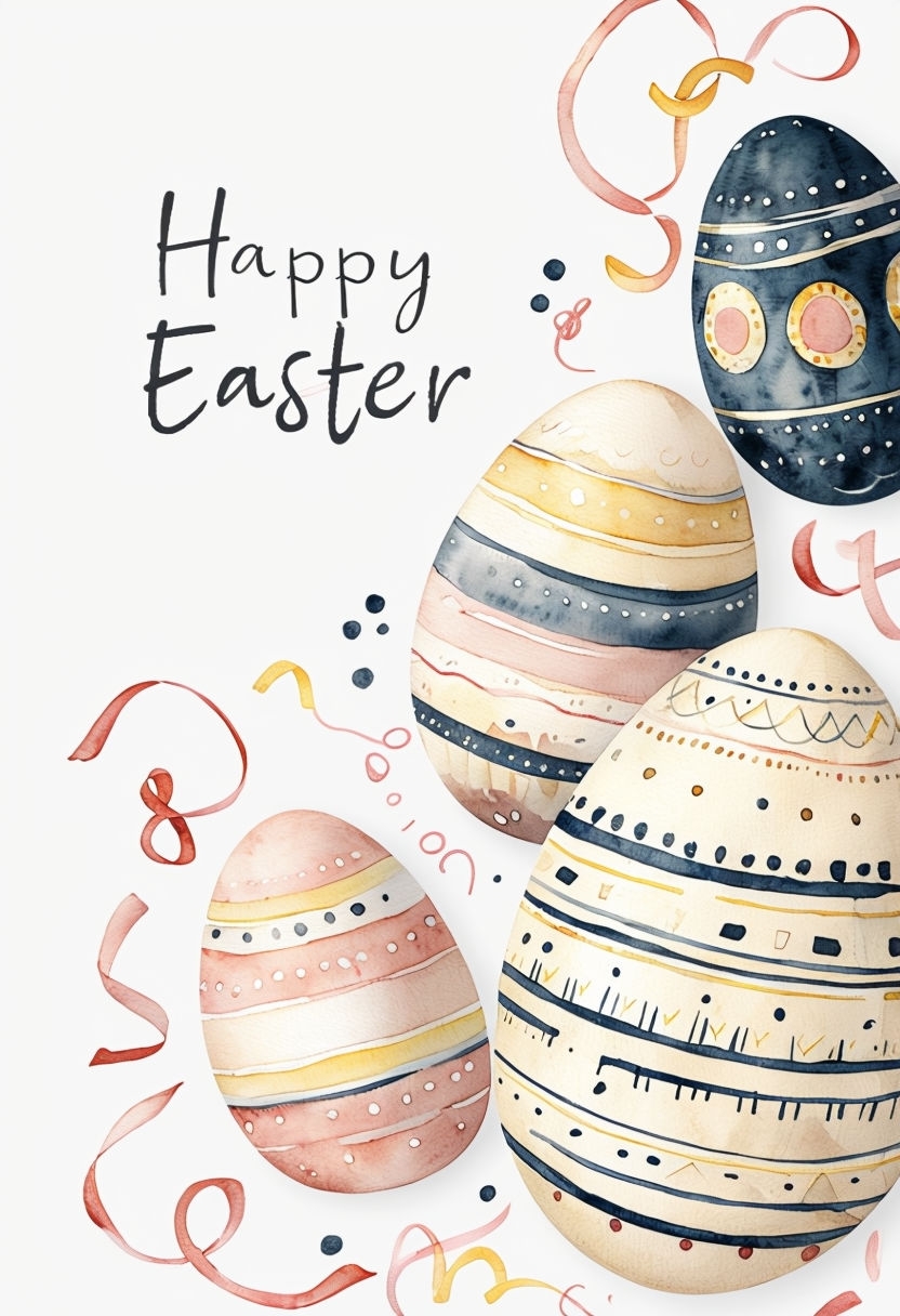 Colorful Watercolor Easter Eggs Illustration with Happy Easter Text Card