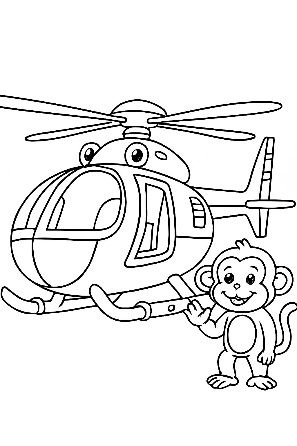 Playful Cartoon Helicopter and Monkey Line Drawing Coloring Book Pages