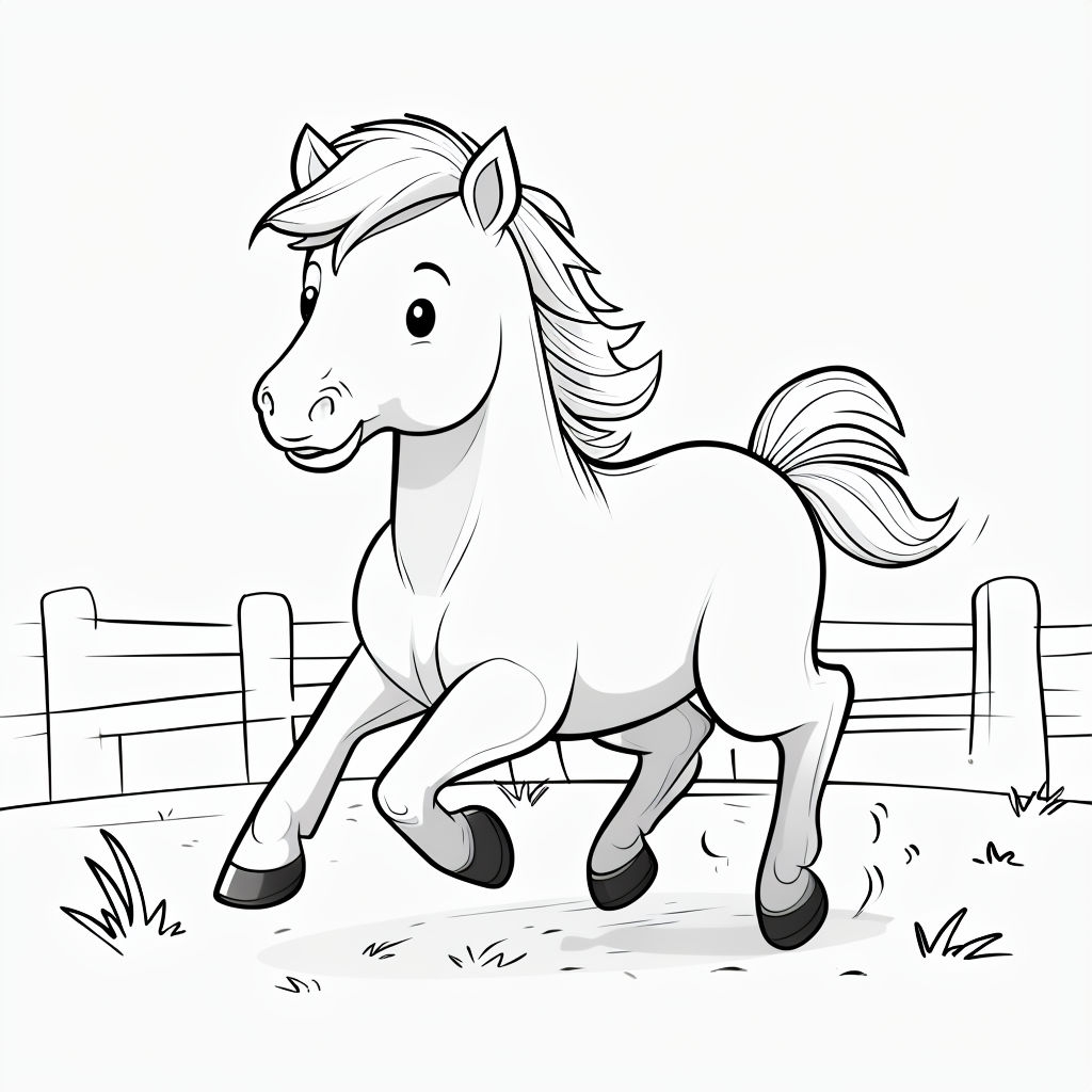 Playful Cartoon Galloping Horse Line Drawing Coloring Book Pages