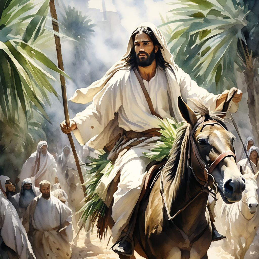 Palm Sunday Jesus riding into Jerusalem on a donkey and peop... by ...