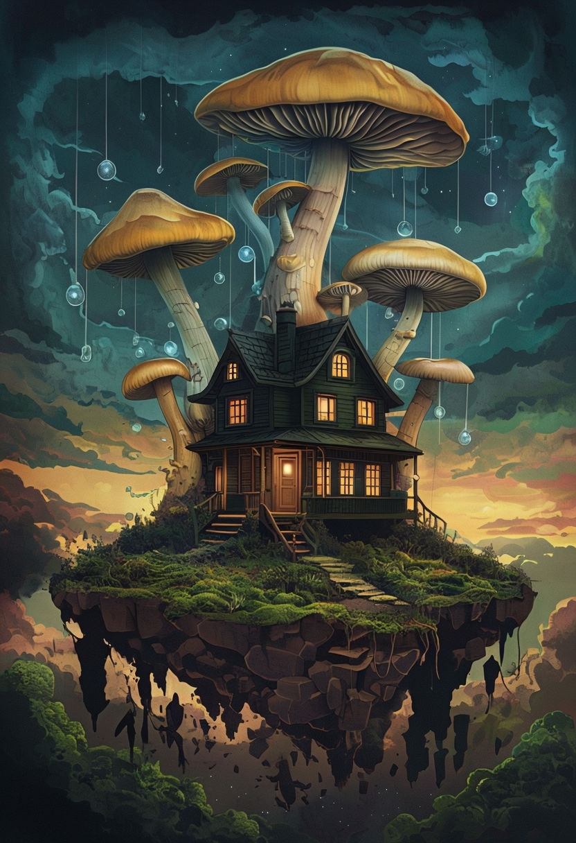 Magical Floating Island House with Giant Mushrooms Art