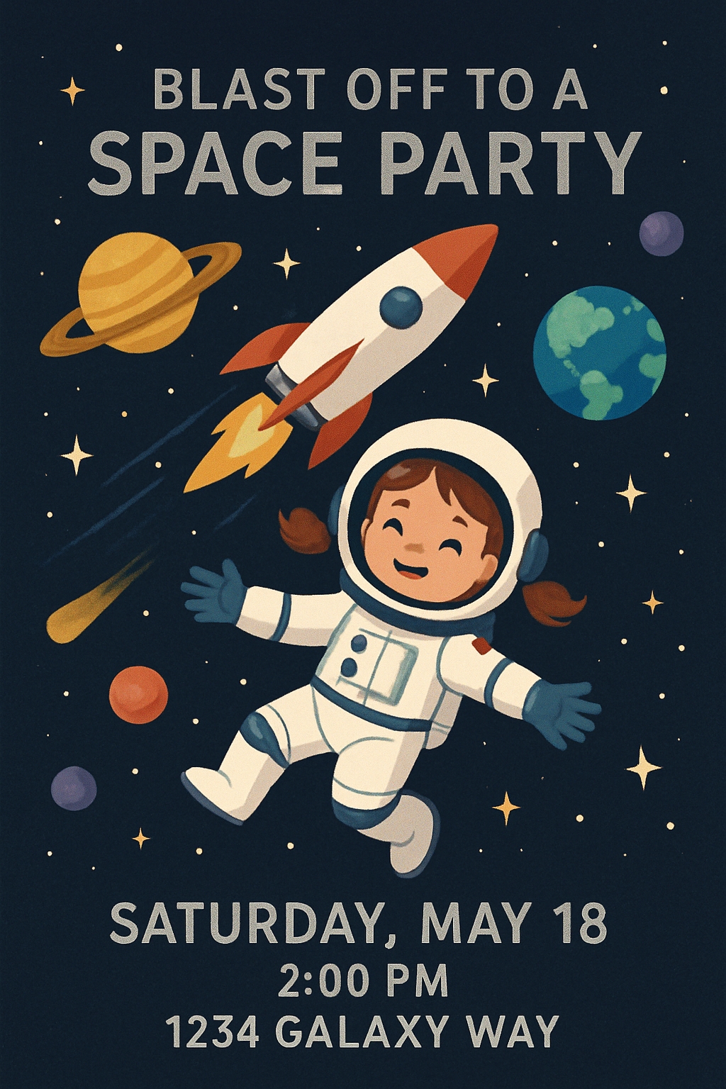 Cheerful Space Party Invitation with Child Astronaut Design Cards & Invites