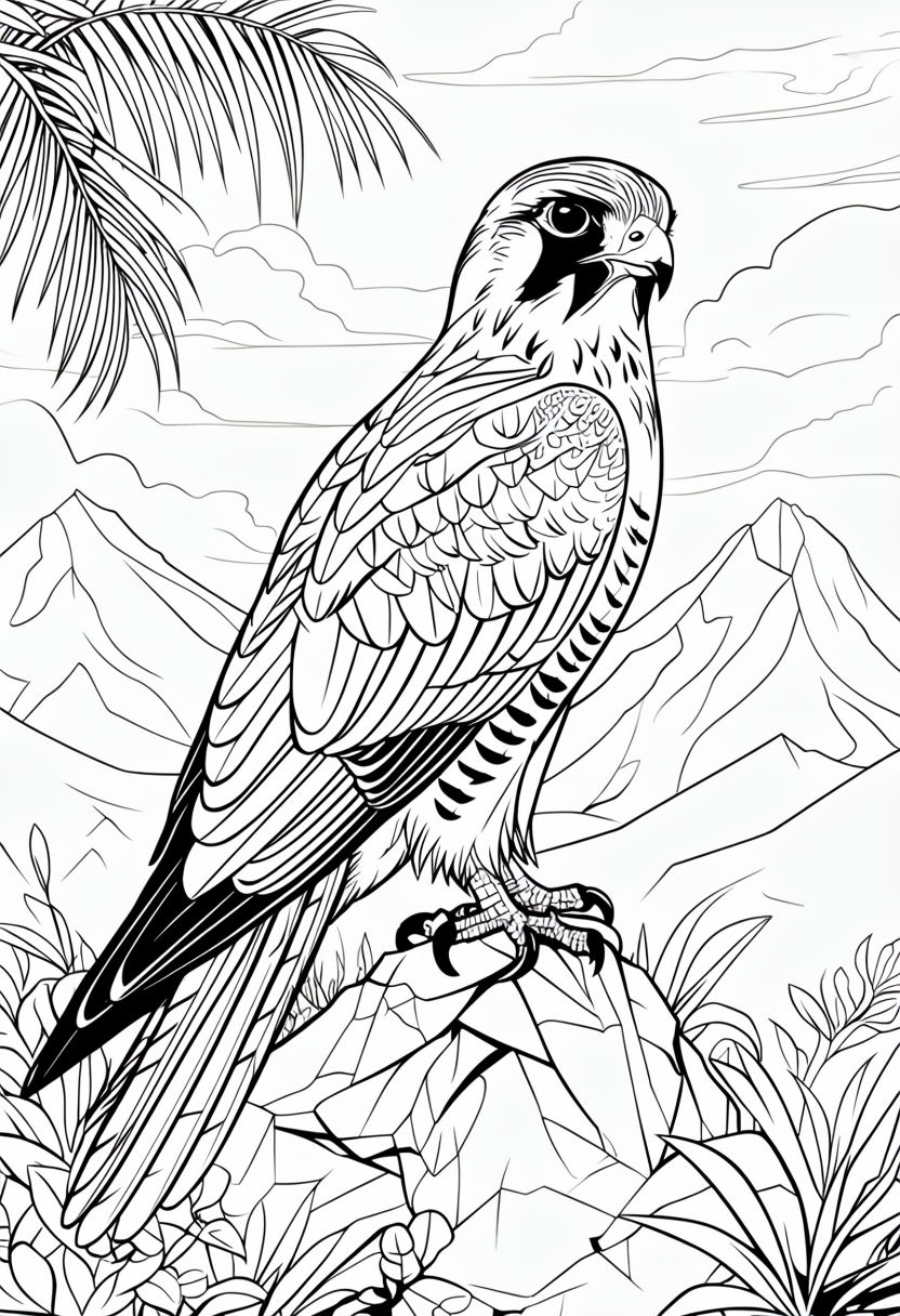 Majestic Falcon Perched on Rock Detailed Line Drawing Coloring Book Pages