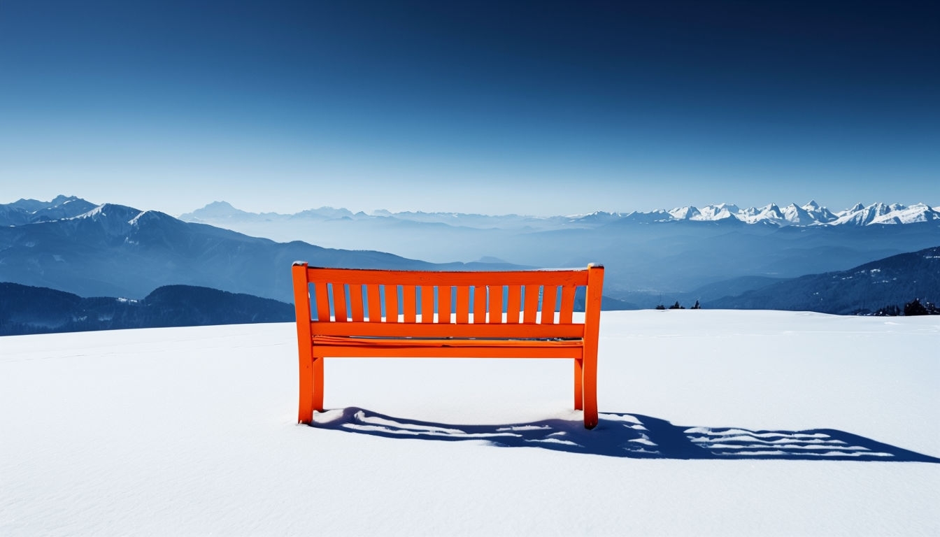 Serene Winter Landscape with Orange Bench Virtual Background