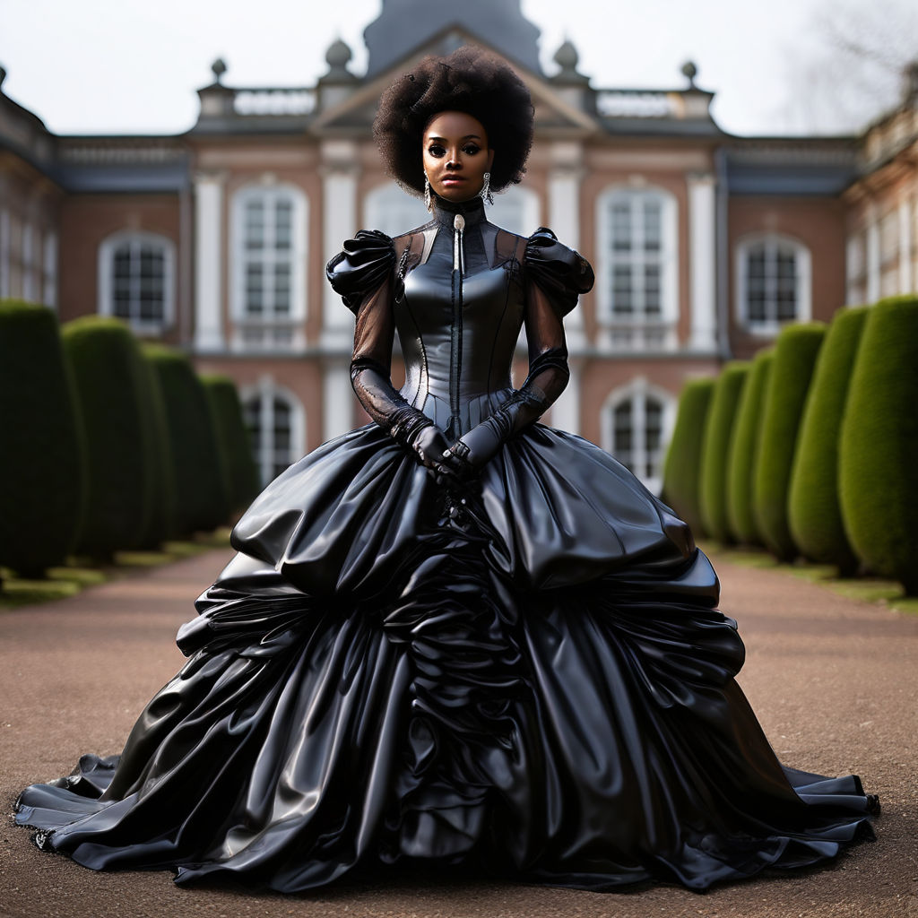 a woman in a latex dress with puffy sleeves and black skirt