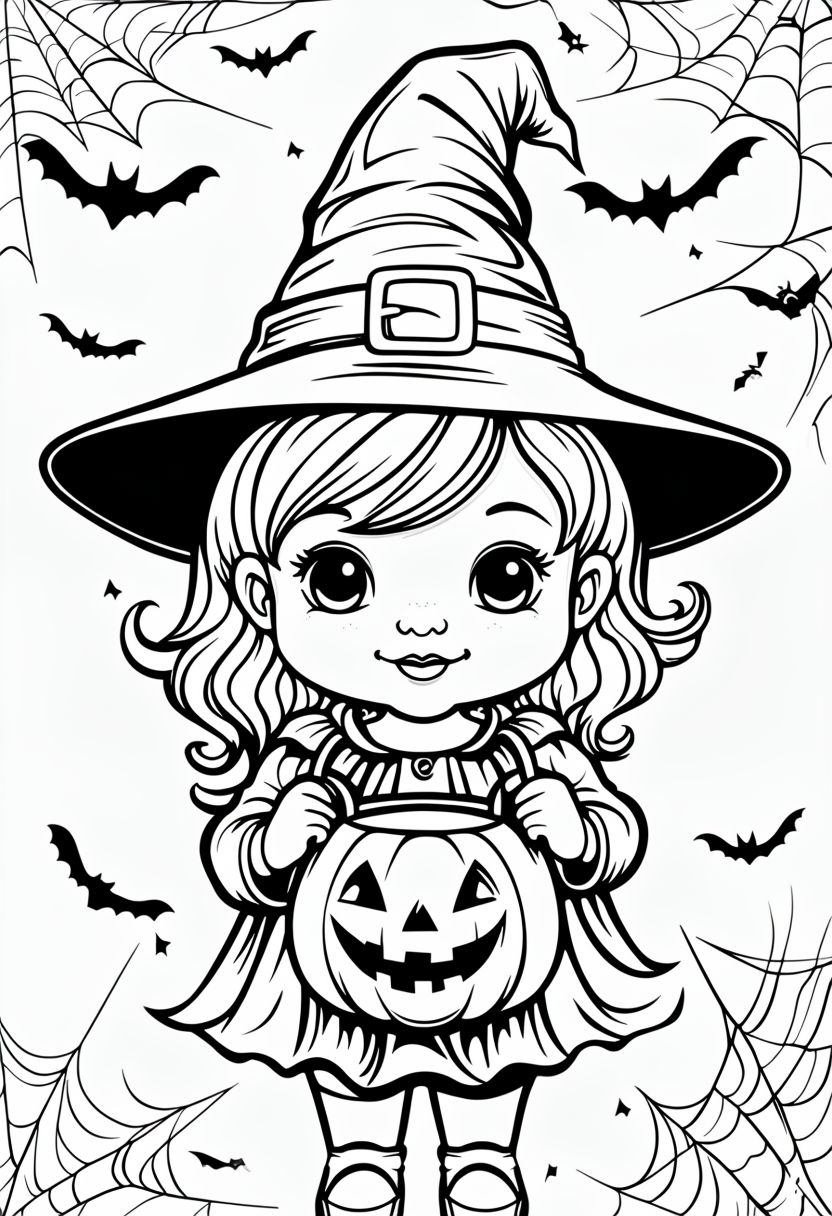 Adorable Witch with Pumpkin Bucket Coloring Book Page