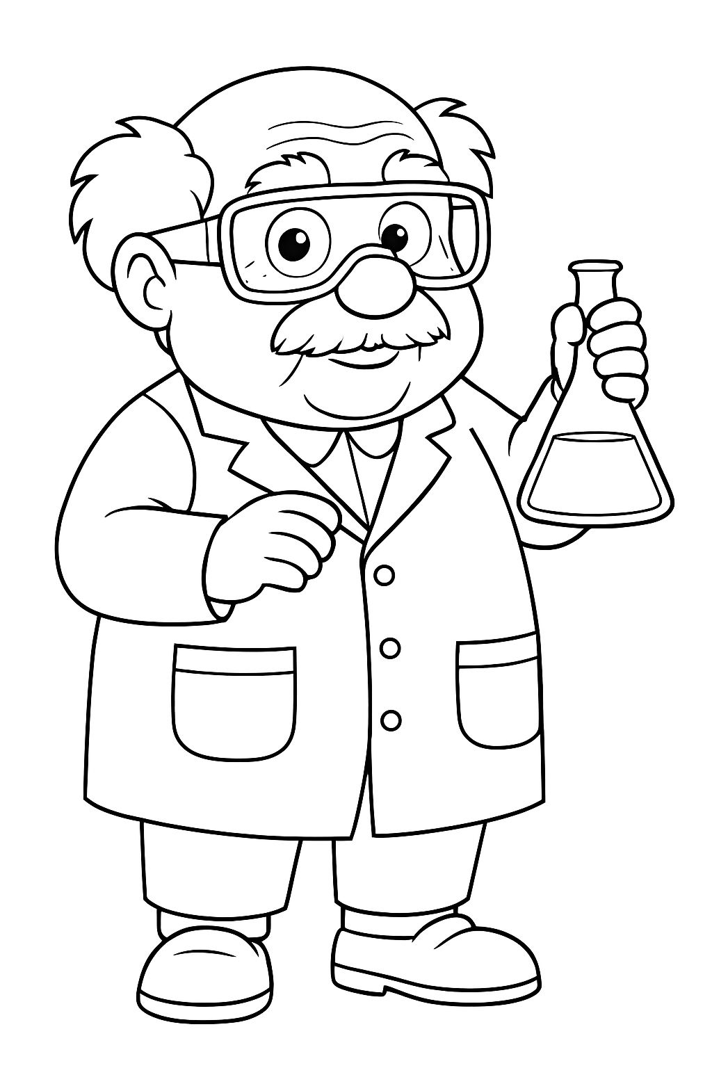 Cheerful Cartoon Scientist Holding Flask Line Art Coloring Page