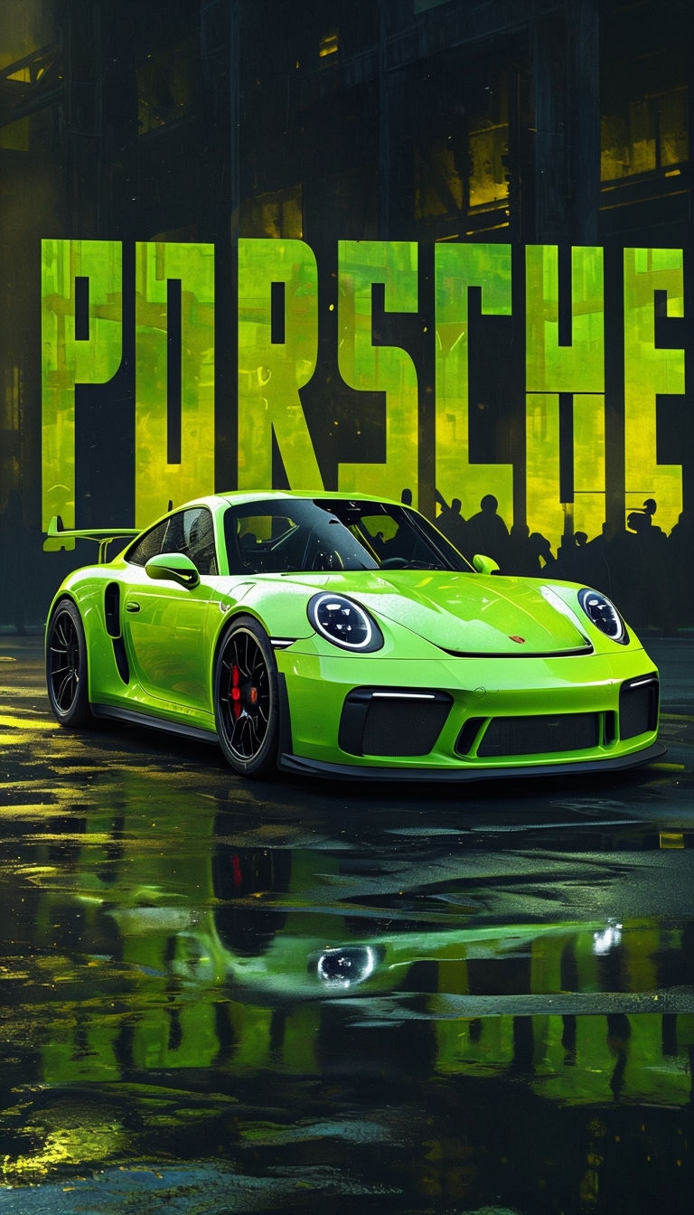 Dynamic Lime Green Porsche Sports Car Digital Art Poster