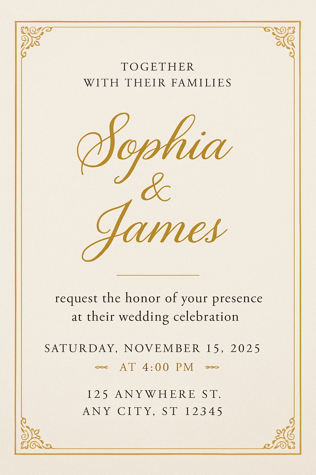 Elegant Wedding Invitation Card with Gold Floral Motifs Design