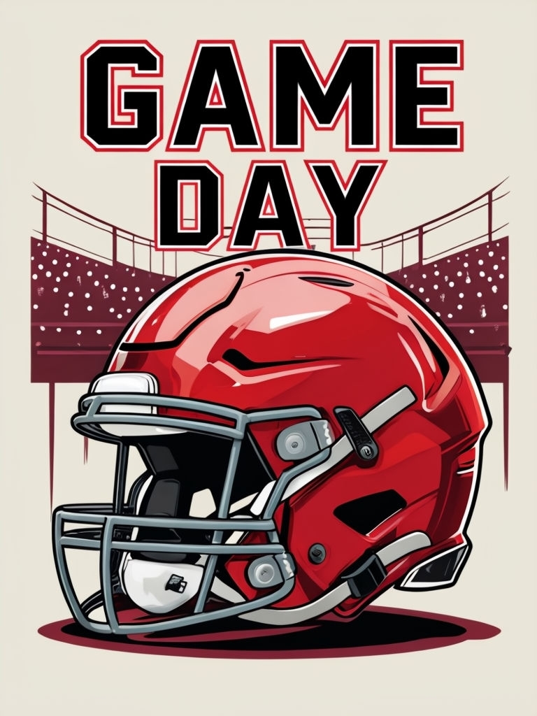 Dynamic Red Football Helmet Illustration with Game Day Text Poster