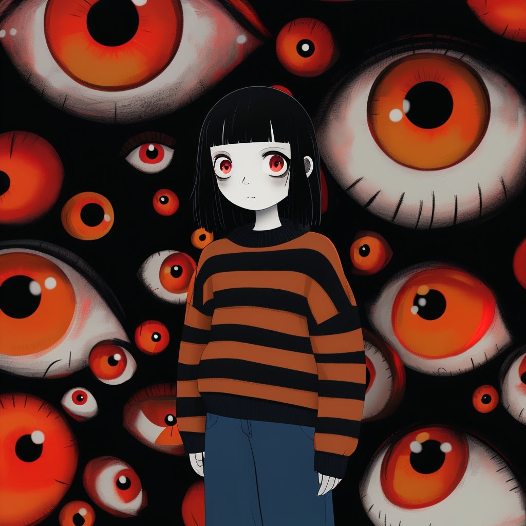 Eerie Anime Character with Surreal Eye Background Art