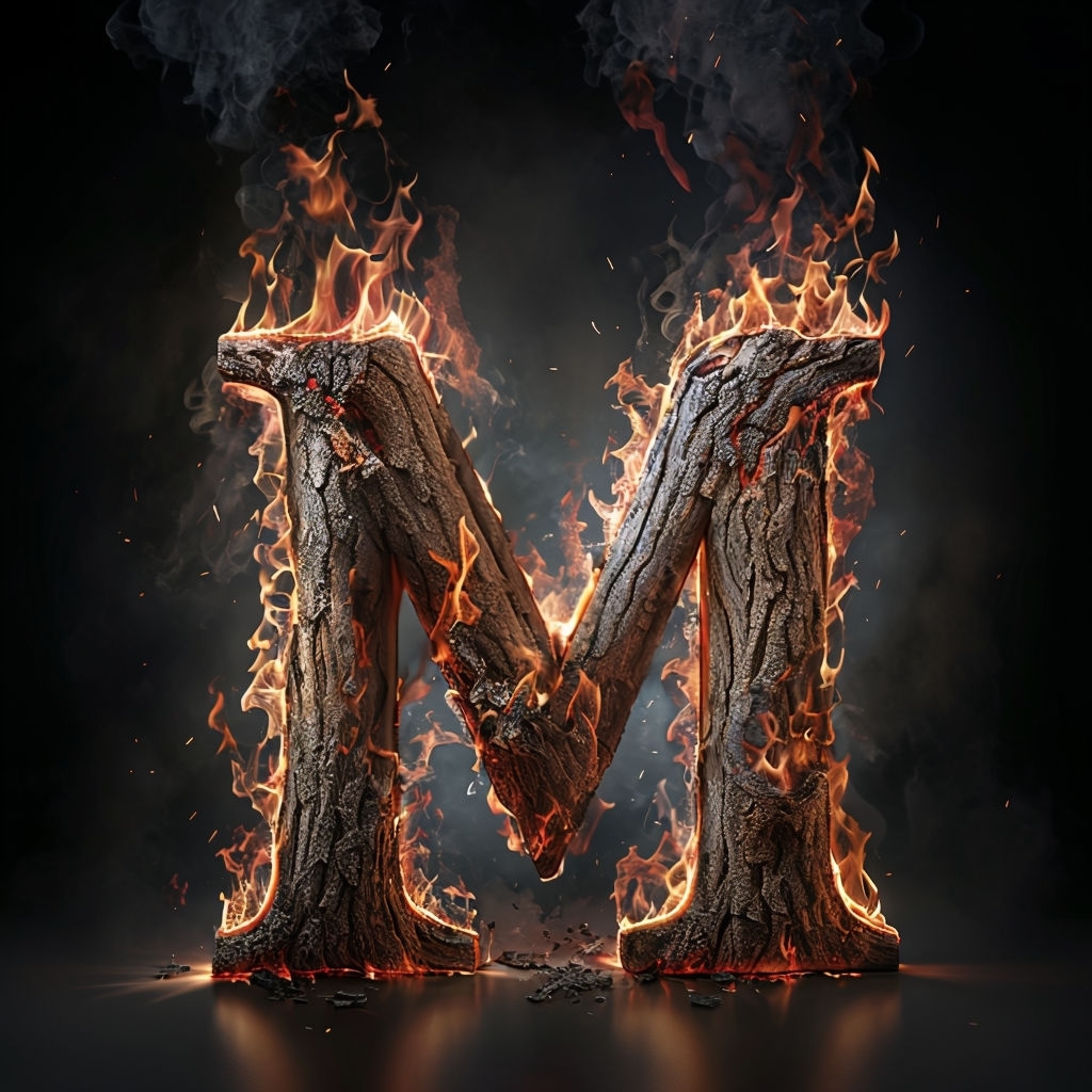 Fiery 3D Monogram Letter M Design with Wood and Flames Monogram