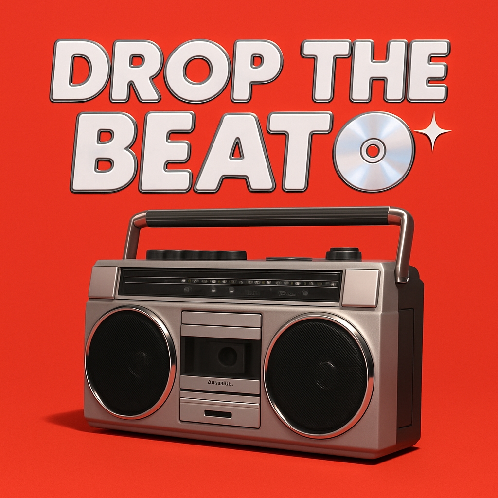 Vibrant Retro Boombox Advertisement with Drop the Beat Text Poster