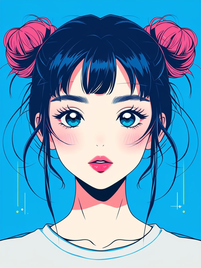 Vibrant Anime Character with Pink Space Buns T-Shirt