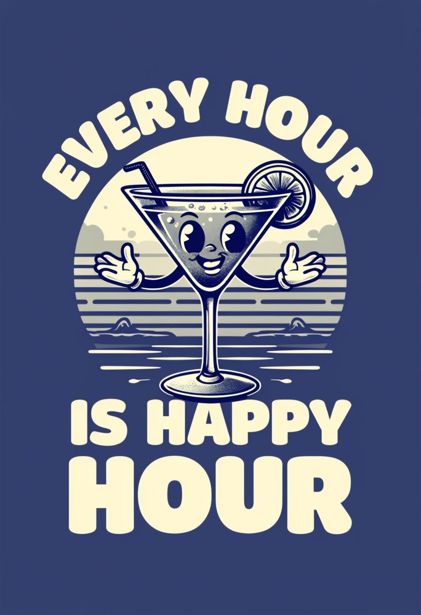 Cheerful Cartoon Martini Glass with Happy Hour Text T-Shirt