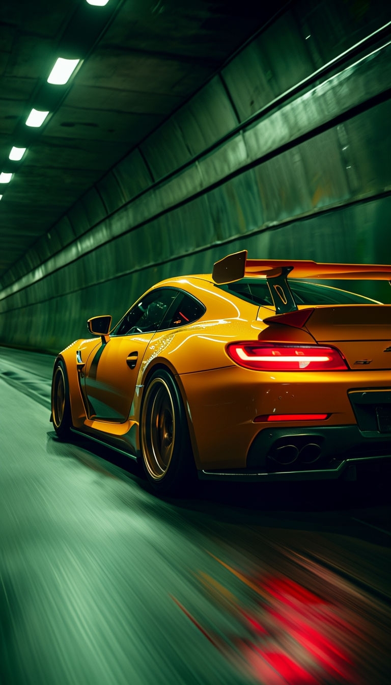 Vibrant Yellow Sports Car Speeding in Dimly Lit Tunnel Mobile Wallpaper