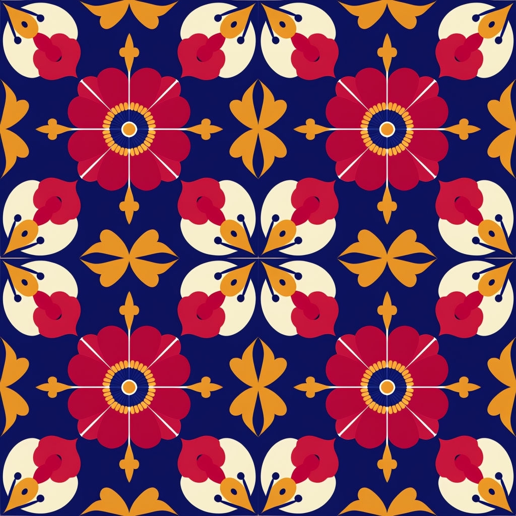 Vibrant Floral Geometric Pattern on Navy Background Seamless Pattern