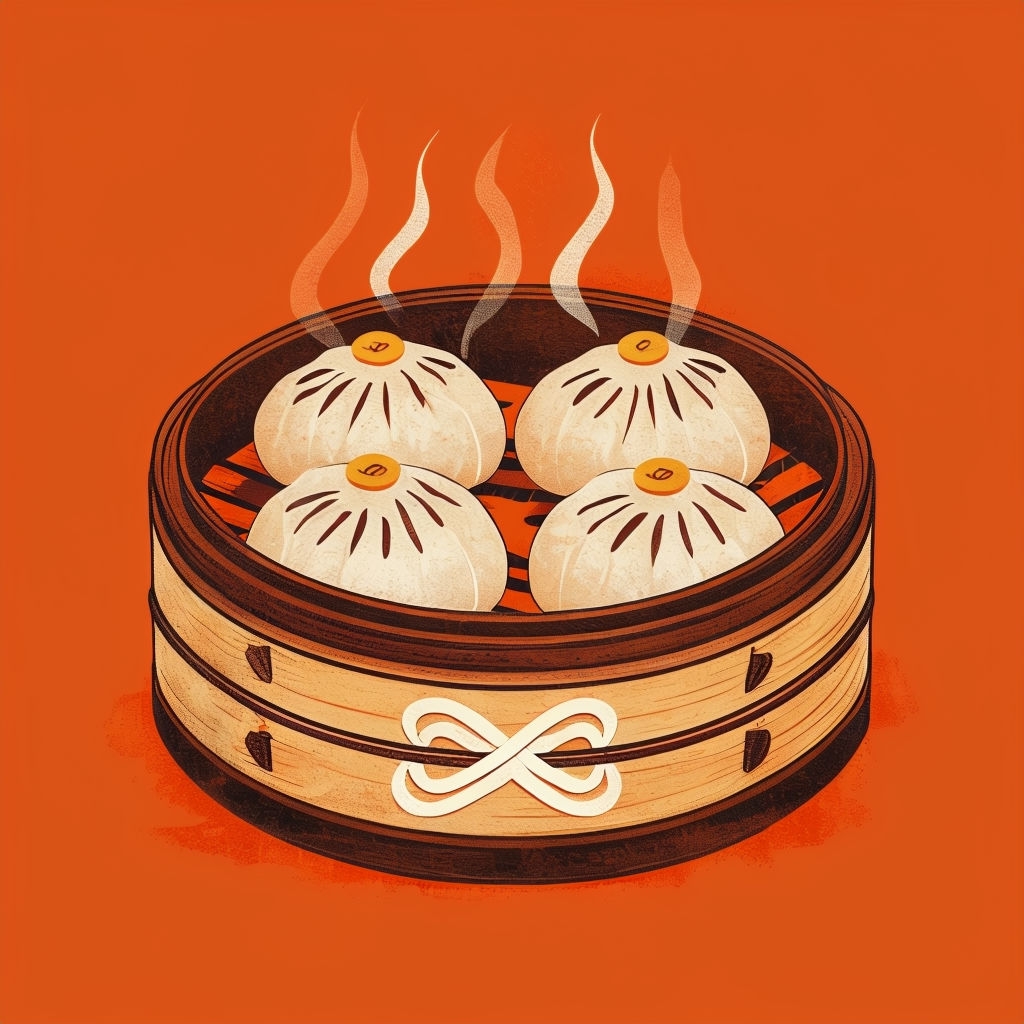 Vintage Bamboo Steamer Illustration with Dumplings Art