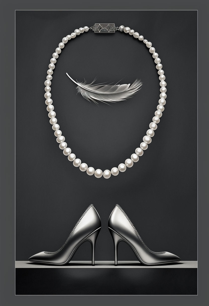 Elegant Monochrome Pearl Necklace and High-Heeled Shoes Art