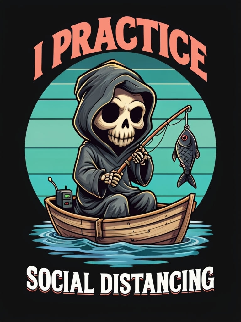 Eerie Skeleton Fishing in Boat with Social Distancing Theme T-shirt
