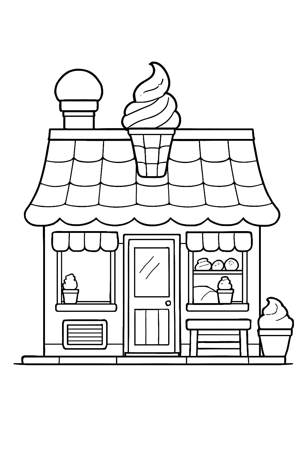 Charming Cartoon Ice Cream Shop Line Drawing Coloring Page
