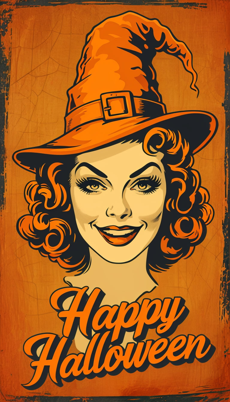 Vintage Halloween Witch Face Illustration with Mischievous Grin Poster