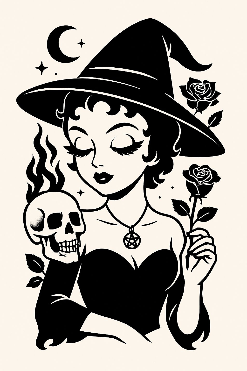 Gothic Witch Illustration with Roses and Moon T-Shirt