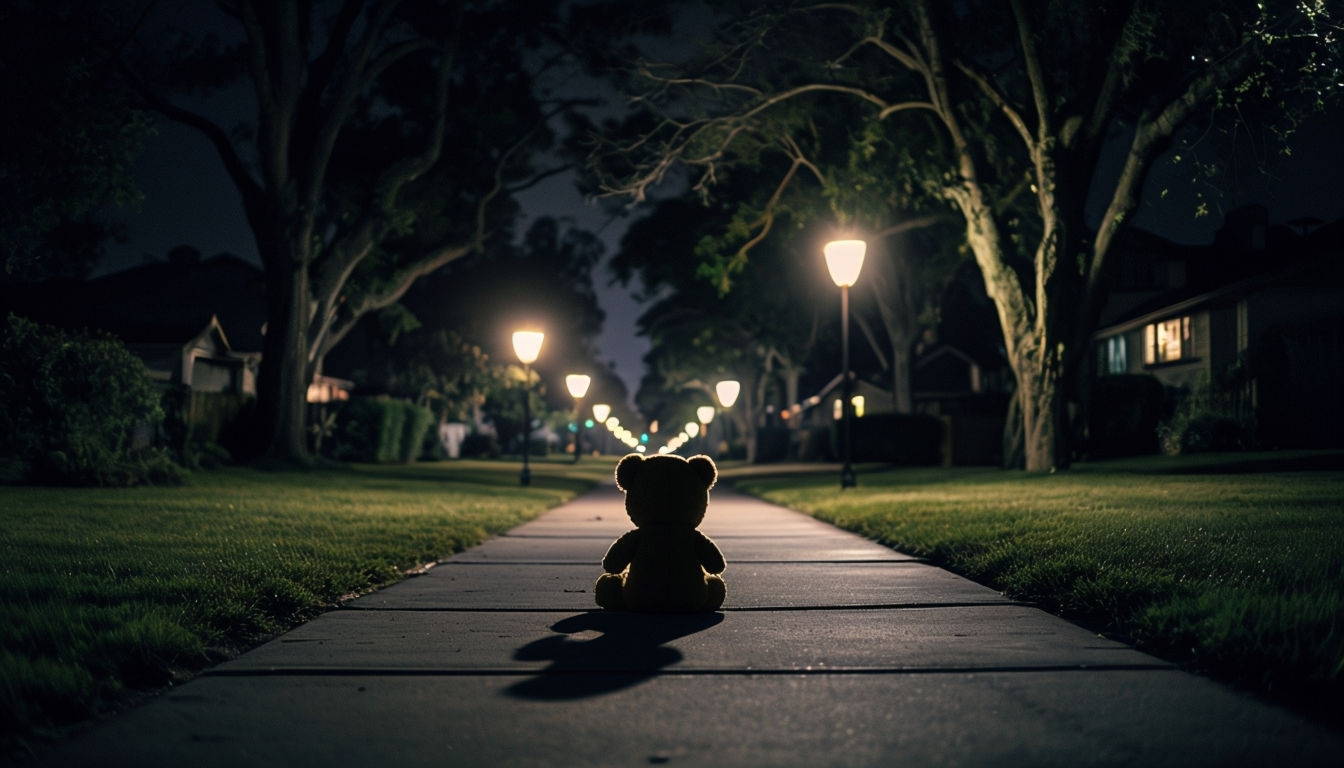 Solitary Teddy Bear on Suburban Sidewalk Night Scene Background