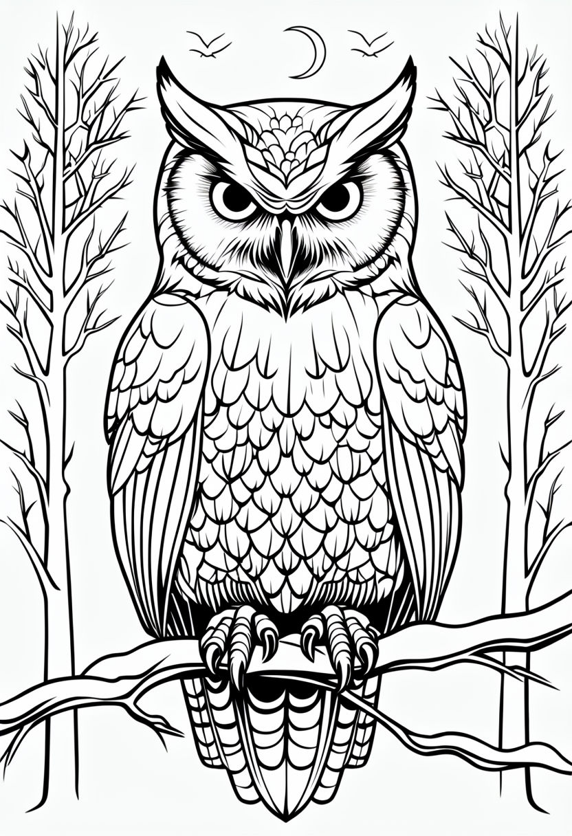 Intricate Owl Perched on Branch Black and White Coloring Page