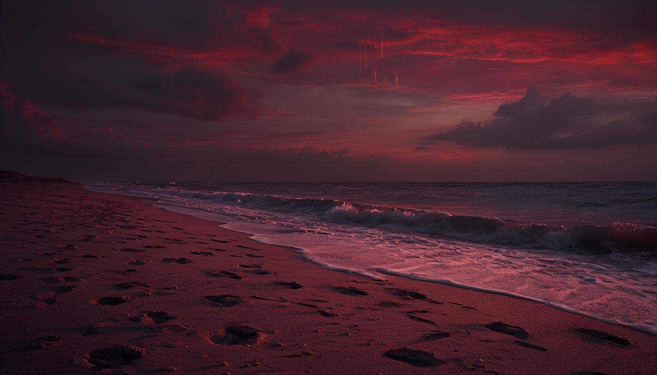 Dramatic Beach Sunset Scene with Footprints and Waves Virtual Background