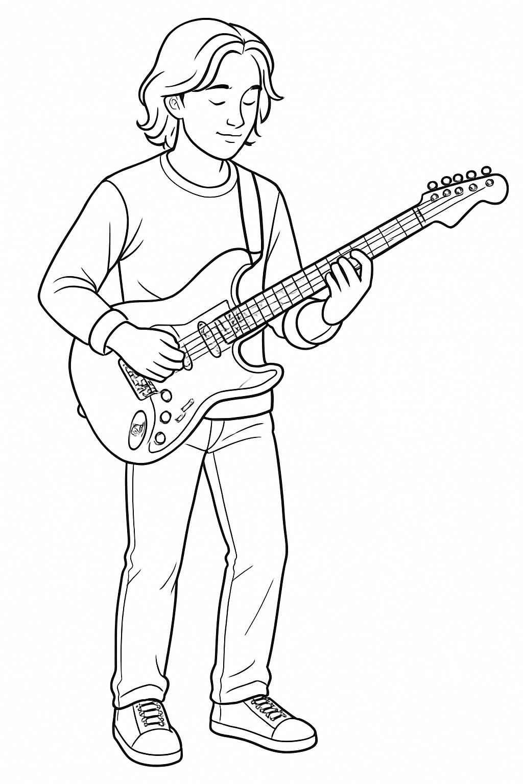 Young Musician Playing Electric Guitar Line Art Drawing Coloring Book Pages