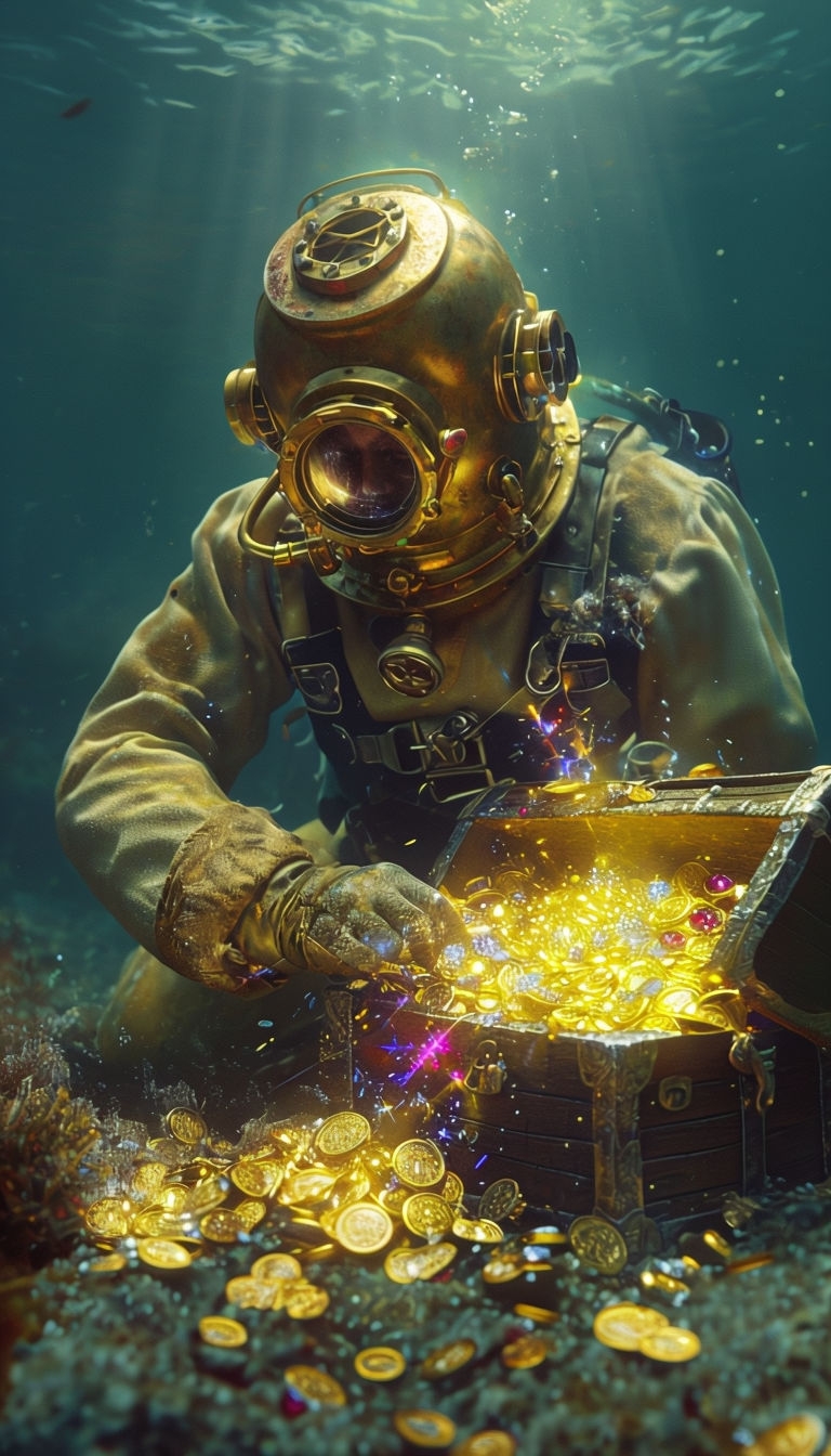Vintage Diving Treasure Hunter Underwater Scene Mobile Wallpaper