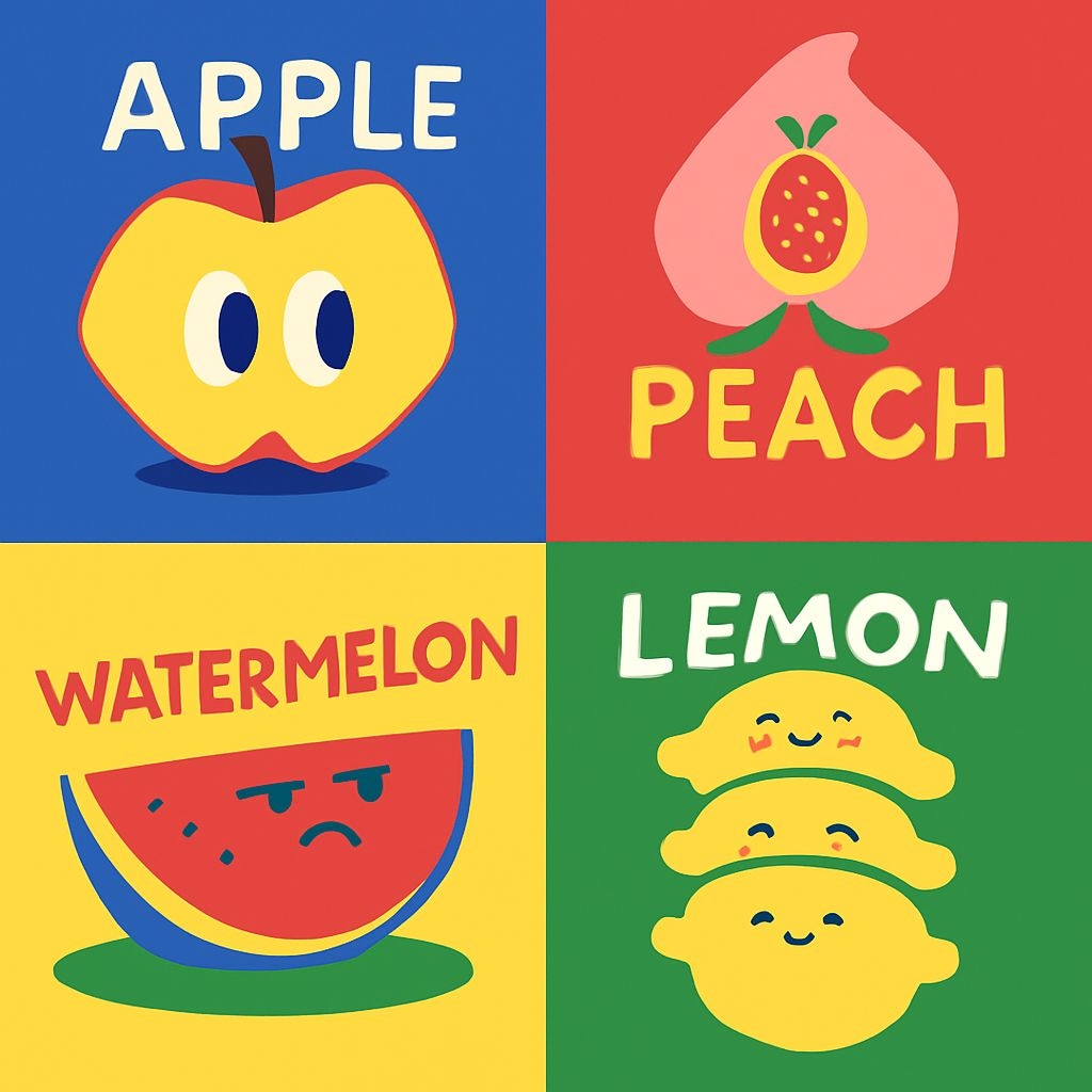 Vibrant Cartoon Fruit Quadrants with Playful Characters Sticker