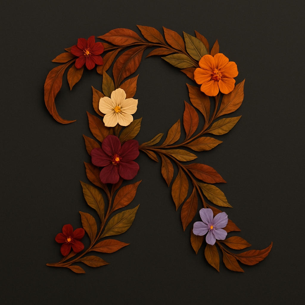 Autumn Leaves and Flowers Letter R Digital Artwork Monogram
