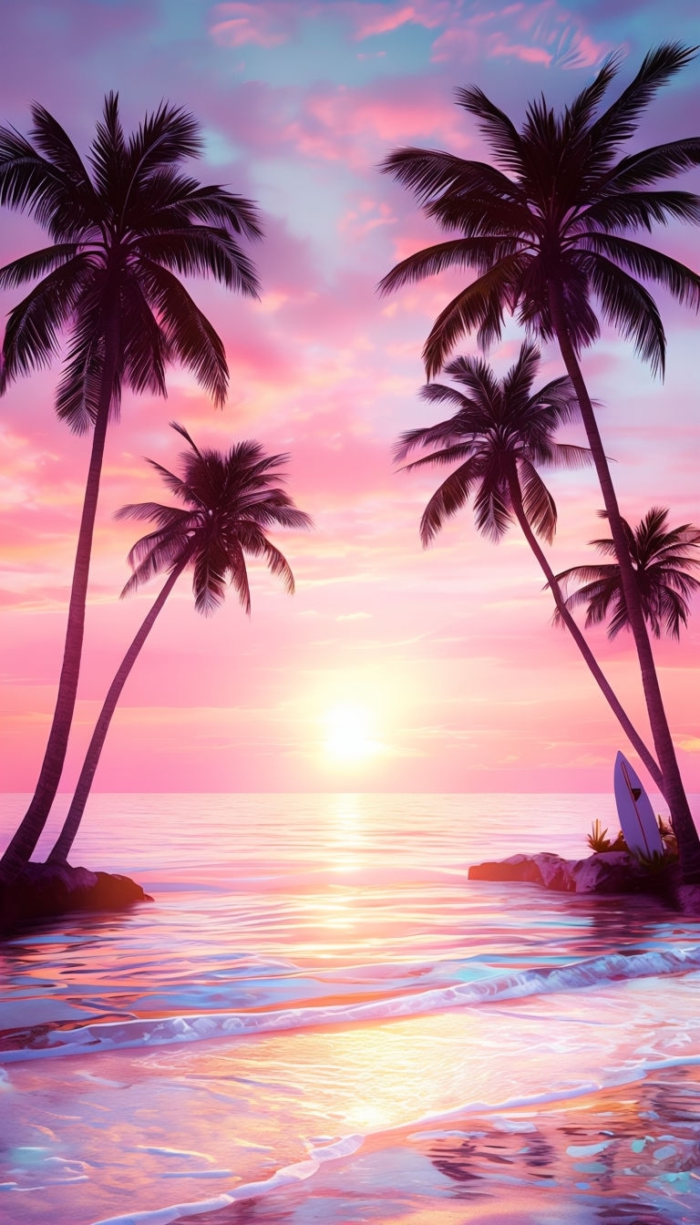 Vibrant Tropical Beach Sunset Scene Art for Relaxation