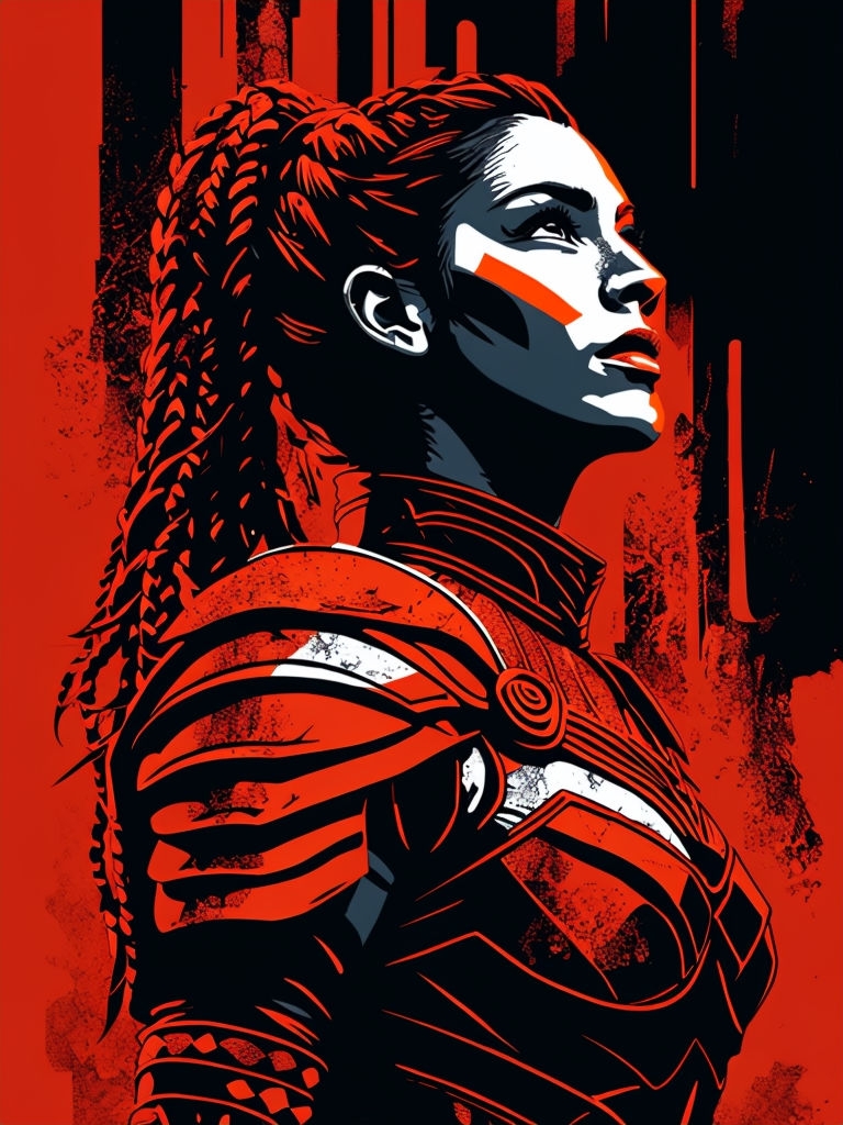 Powerful Female Vigilant Profile Illustration in Bold Colors Art