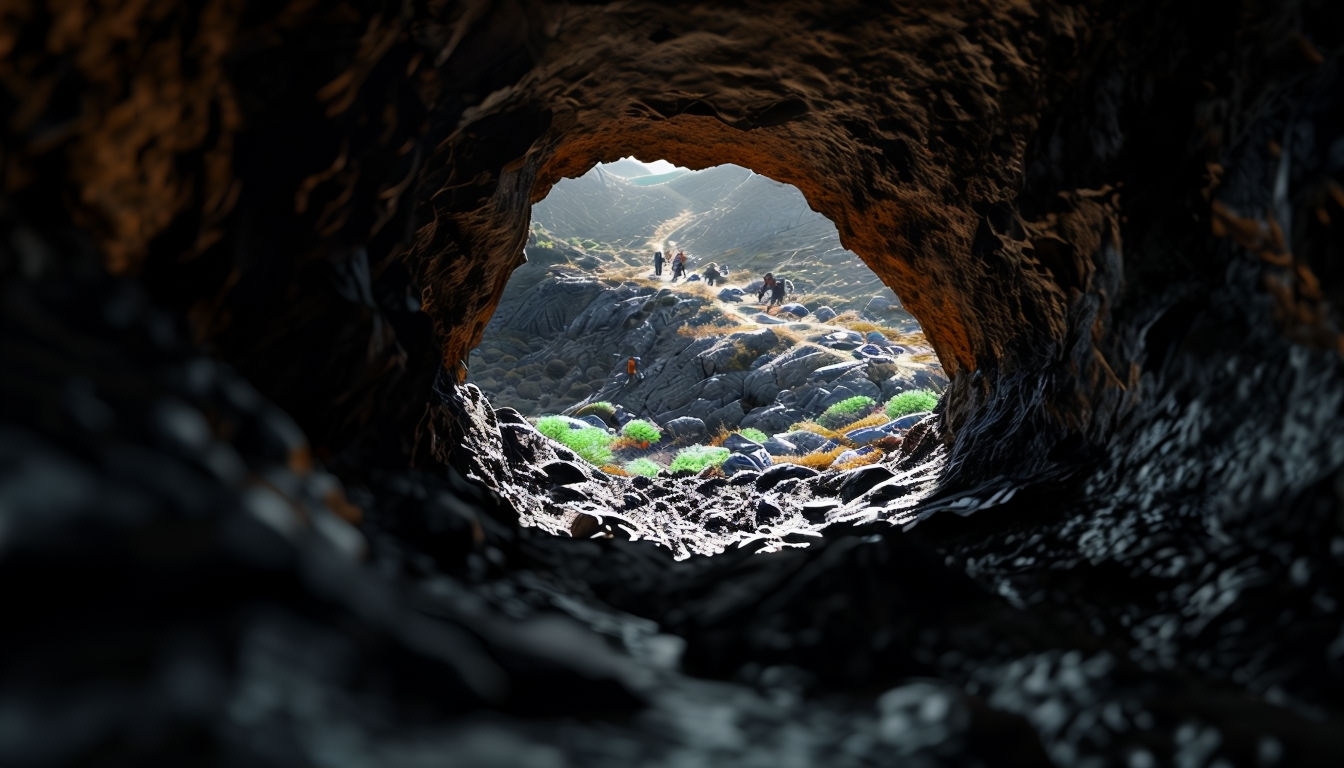 Mysterious Cave View with Bright Rugged Landscape Virtual Backgrounds