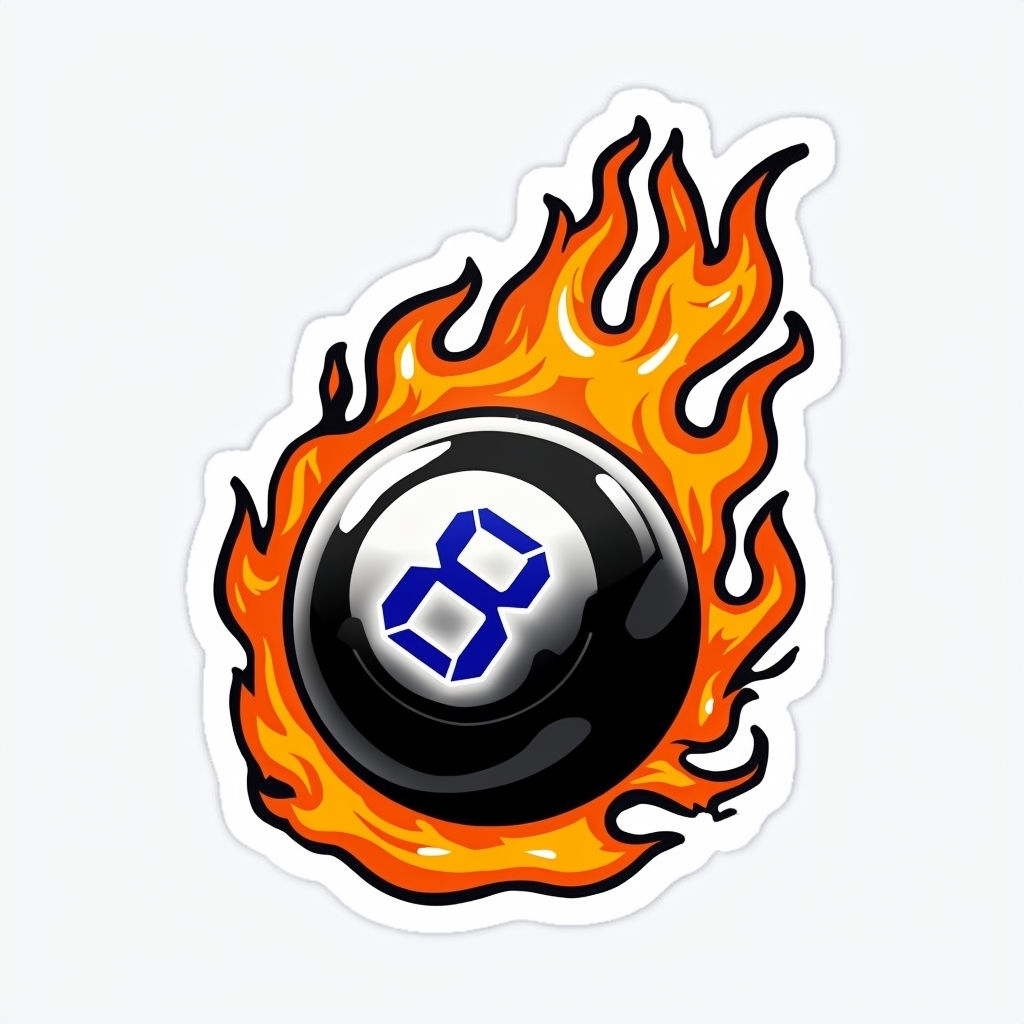 Flaming Magic 8-Ball Cartoon Illustration Die-Cut Sticker