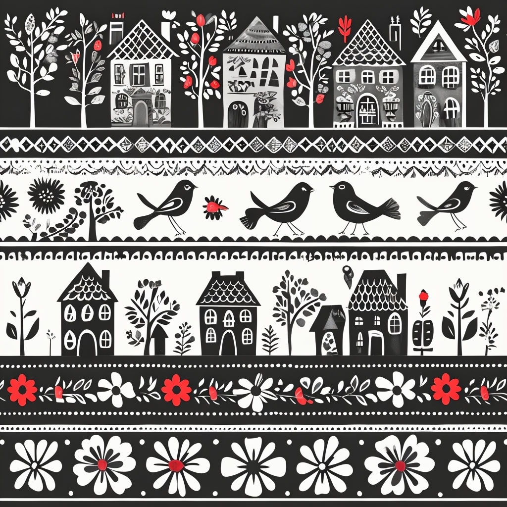 Monochromatic Folk Art with Charming Houses Pattern