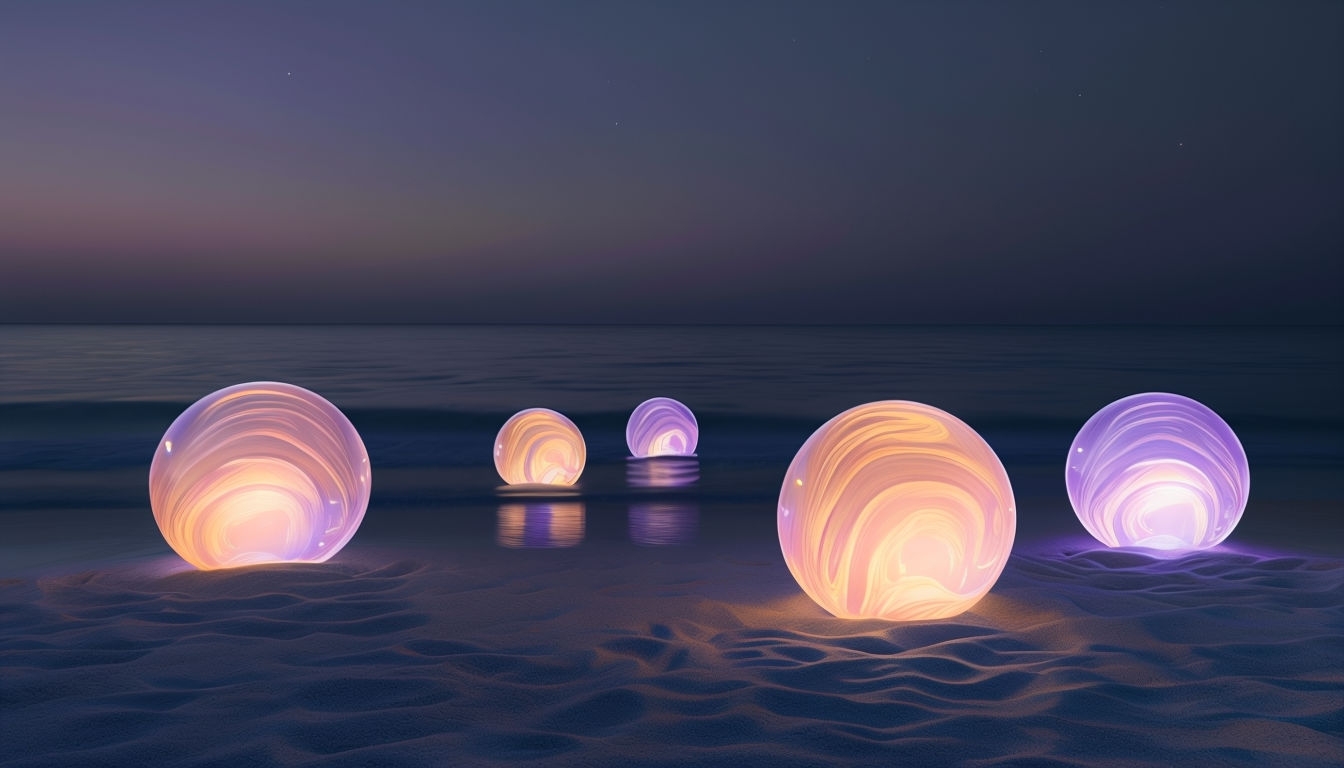 Surreal Beach at Twilight with Glowing Orbs Wallpaper Virtual Backgrounds