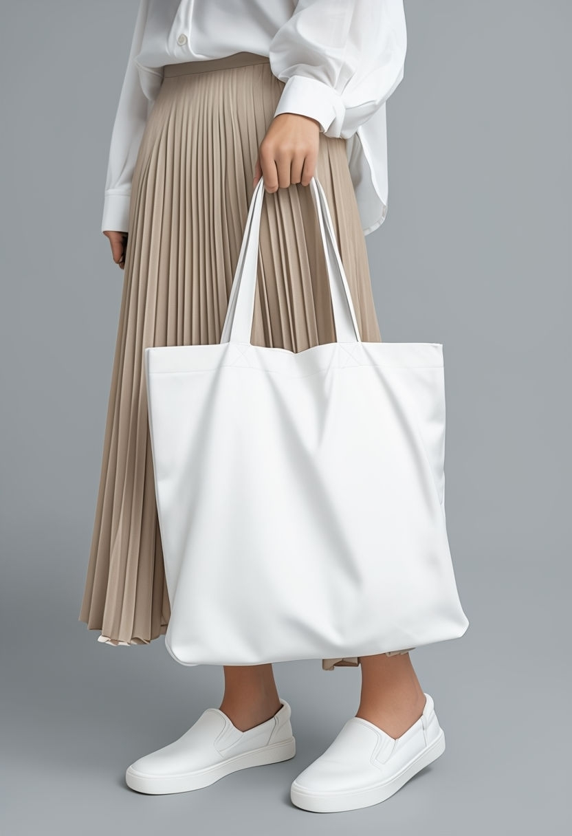 Minimalist Beige Midi Skirt and White Tote Bag Outfit Mockup