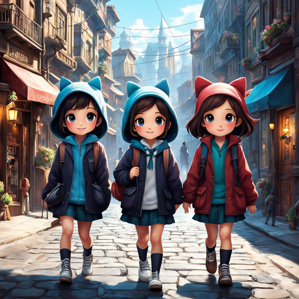 anime style image of two girls and one boy. The characters are  Daniela-Golubeva